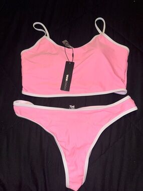 Fashion Nova Pink Tankini Two-Piece with White Trim